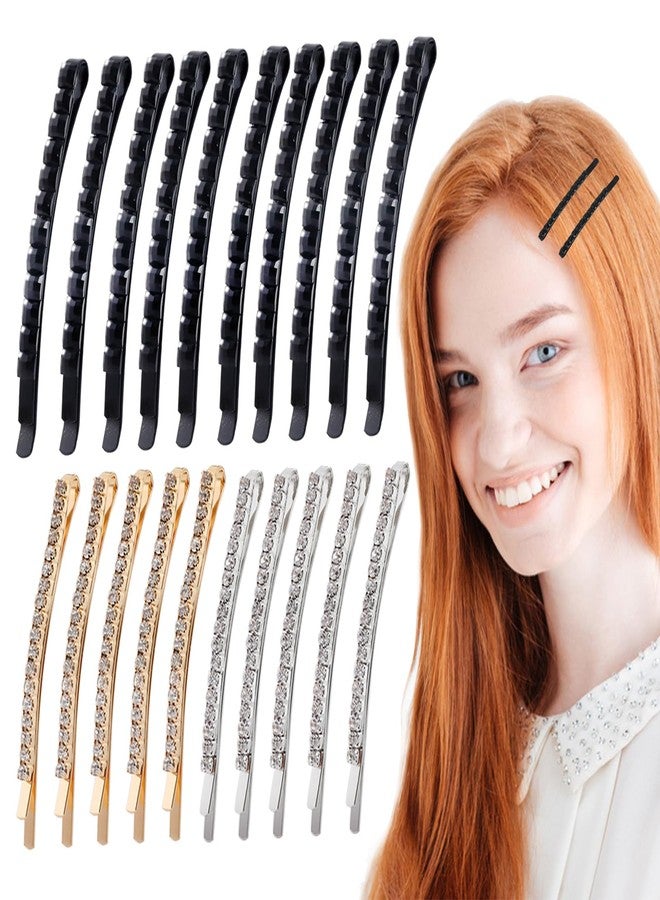 HLTOO 20PCS Rhinestone Bobby Pins, Metal Decorative Crystal Hair Clips, Shiny Hair Barrettes Hairpins, for Women and Girls Hair Styling Accessories, Gold, Silver, and Black - Image 1
